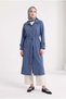 Embroidery Detailed Waist Belted Long Hijab Dress Indigo 26Yt519 - 3