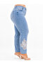 Plus Size Washed Denim Lace Appliqué Pearl Stone Detailed Women's Trousers - 6