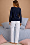 Women's Cotton Navy Blue Long Sleeve Printed Star Patterned Label Detailed Pajama Set - 3