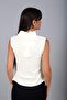Women's Stand Collar Accessory Buckle Detailed Side Gathered Crepe Satin Blouse - 4