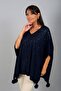 Women's V-Neck Side Button Detailed Vertical Stone Embroidered Pompom Plus Size Poncho - 3