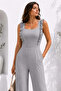 Women's tulle fabric square neck belted jumpsuit - 2