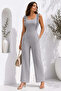 Women's tulle fabric square neck belted jumpsuit