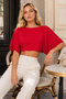 Women's Cotton Stretchy Bat Sleeve Boat Neck Crop Blouse Mdm2024