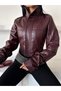 Women's Zippered Stand Collar Leather Short Jacket - 5