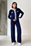 Women's Navy Blue Denim Jean Detailed Buttoned Cardigan and Wide-Leg Knitwear Trousers Two-Piece Set (S/ - 5