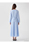 Blue Crew Neck Poplin Dress with Shawl Detail - 4