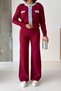 Women's Burgundy Denim Jean Detailed Buttoned Cardigan and Wide-Leg Knitwear Trousers Two-Piece Set (S/M B - 5
