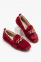 Women's Plush Home Ballerinas with Gold Chain and Stone Accessories, Closed Loafers with Soft Soles, Comfortable Winter Ballerinas - 3