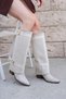 Varena Women's Hat Boots Double Buckle Cowboy Heeled Beige Suede Boots - 4
