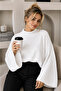 Women's Ecru Cotton Spanish Bat Sleeve High Neck Knit Sweater - 7