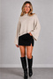 Women's Beige Cotton Spanish Bat Sleeve High Neck Knitwear Sweater - 3