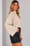 Women's Beige Cotton Spanish Bat Sleeve High Neck Knitwear Sweater - 2
