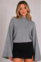Women's Gray Cotton Spanish Bat Sleeve High Neck Knitwear Sweater
