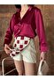 Ruby Burgundy Satin Shirt Mosaic Square Patterned Lace Shorts Skirt - 2