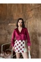 Ruby Burgundy Satin Shirt Mosaic Square Patterned Lace Shorts Skirt - 3