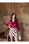 Ruby Burgundy Satin Shirt Mosaic Square Patterned Lace Shorts Skirt