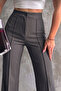 Women's Dark Gray High-Waisted Front-Stitched Grass-Green Fabric Pants - 3