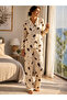 Women's Coffee Cup Patterned Front Buttoned Shirt Collar Long Sleeve Pajama Set