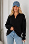 Women's Black Cotton Polo Collar Oversize Knitwear Sweater