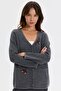 Women's V-Neck Knitted Rose Embroidered Short Wool Cardigan Smoked - 2