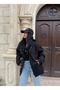 Black Oversized Hooded Cardigan with Inner Lining - 4