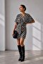 Women's Patterned Double-Breasted Belted Mini Dress Lnc34 - 4