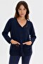 Women's V-Neck Knitted Rose Embroidered Short Wool Cardigan Dark Blue - 5