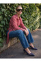 Özmarka New Season Burgundy Shirt Collar Striped Blouse - 2