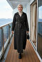 Women's Double Button Belted Lined Bondit Black Trench Coat - 4