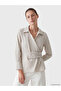 Ecru Double-Breasted Collar Tie-Down Striped Women's Shirt