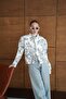Women's White Blue Stand Collar Padded Patterned Jacket - 2