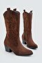 Cowboy Tan Suede Boots for Women with Western Stitching Detail and Medium Thick Heel - 3