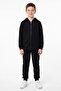 Hooded Zippered Unisex Children's School Tracksuit Set with Ribbed Trim, Plain Black