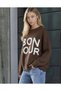 Crew Neck Bonjour Text Detailed Oversize Long Sleeve Soft Textured Knitwear Sweater Aw26Kz00022 - 3