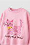 Girl's Cat Printed Pink School Sweatshirt and Striped Wide-Leg Sweatpants Set - 4