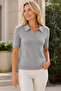 Women's Short Sleeve Polo Collar Diamond Patterned Cotton Perforated Openwork Stylish Elegant Casual Gray Knitwear Blouse