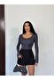 Women's Anthracite Slit Spanish Sleeve Long Sleeve Diver Fabric Blouse - 5