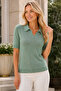 Women's Short Sleeve Polo Collar Diamond Patterned Cotton Perforated Openwork Stylish Elegant Casual Mint Knitwear Blouse - 6