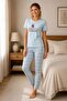 Women's Cotton Combed Cotton Printed Short Sleeve Crew Neck Plaid Patterned Pajama Set - Blue - 4