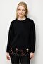Women's Crew Neck Skirt Floral Embroidered Wool Sweater Black - 5