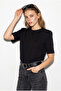 Women's Black Crew Neck Padded Cotton Basic T-Shirt 241134 60283128 - 3
