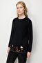 Women's Crew Neck Skirt Floral Embroidered Wool Sweater Black - 2