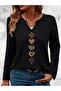 Heart Printed Cotton Half V-Neck Long Sleeve Blouse T-Shirt