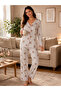 Women's Teddy Bear Patterned Striped Pajama Set with Bow Detail, Long Sleeves, Long Legs, 2-Piece Set