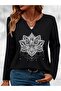 Mandala Printed Cotton Half V-Neck Long Sleeve Blouse T-Shirt