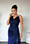 Sparkling fabric stone detailed evening dress - navy blue - 4
