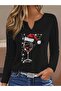 New Year Printed Cotton Half V-Neck Long Sleeve Blouse T-Shirt