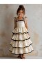Girl's Ecru Black Ribbed Shoulder Tie Layered Ruffle Long Dress - 3