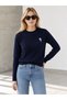 Women's Navy Blue Bear Embroidered Hair Knit Sweater - 4